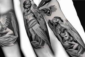 biblical, black and white, realistic, angels tattoo idea