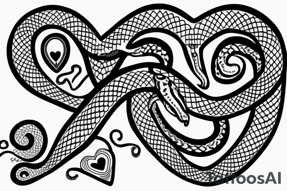 Two snakes in the shape of a heart and one is biting the other snakes neck tattoo idea