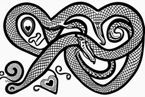 Two snakes in the shape of a heart and one is biting the other snakes neck tattoo idea