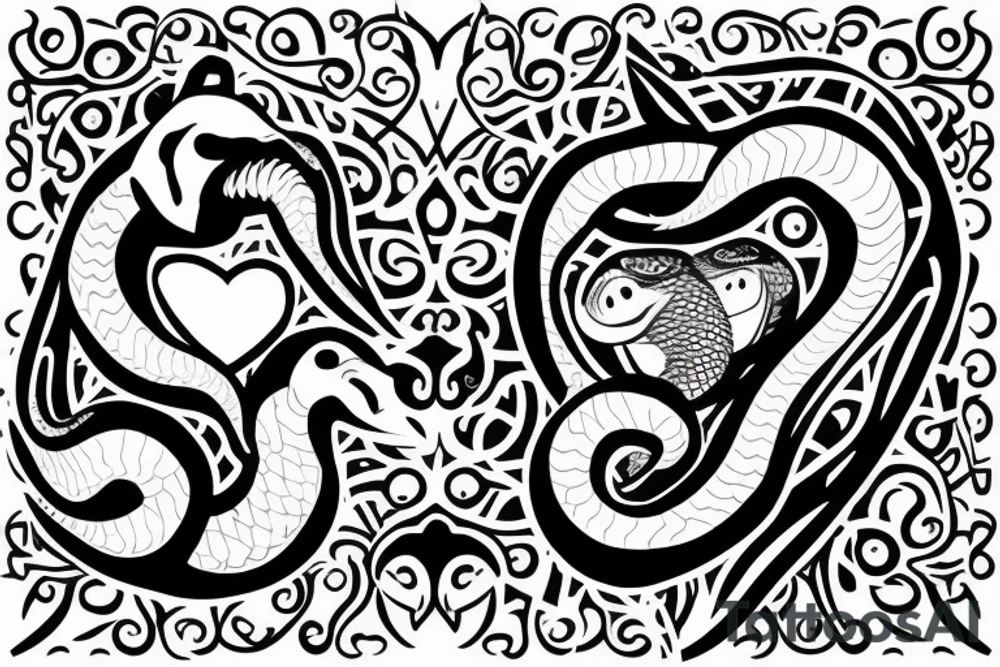 Two snakes in the shape of a heart and one is biting the other snakes neck tattoo idea