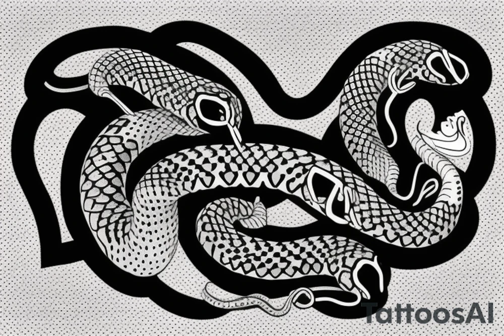 Two snakes in the shape of a heart and one is biting the other snakes neck with no background tattoo idea