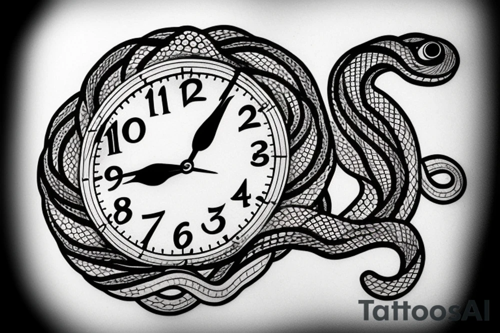 Snake flowing around clock face,  with mountains and lake in behind it tattoo idea