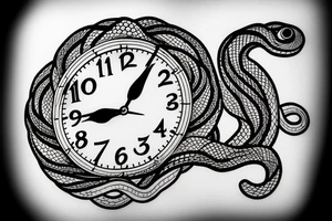Snake flowing around clock face,  with mountains and lake in behind it tattoo idea