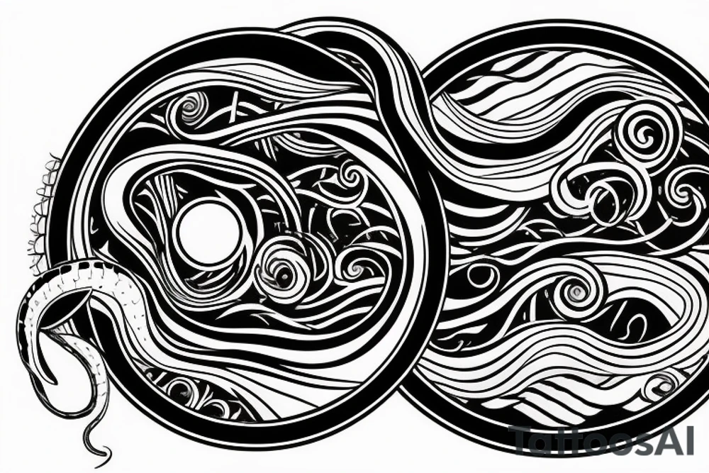 Snake flowing around clock face,  with mountains and lake in behind it tattoo idea