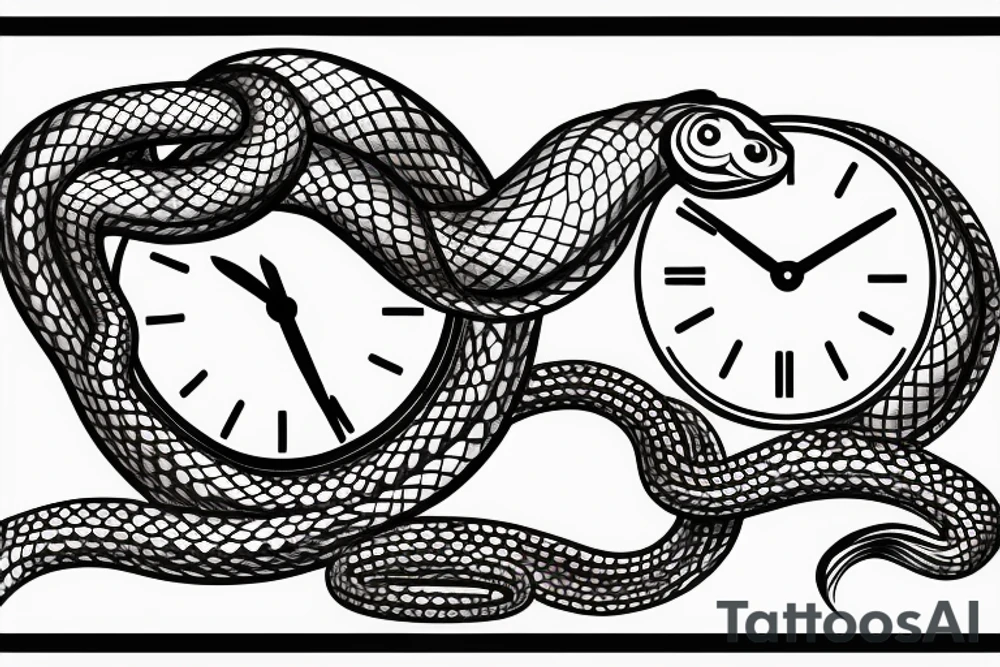 Snake flowing around clock face,  with mountains and lake in behind it tattoo idea