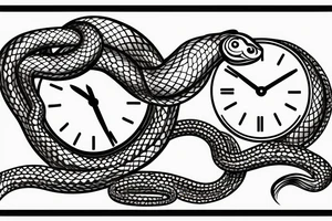 Snake flowing around clock face,  with mountains and lake in behind it tattoo idea