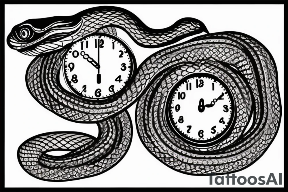 Snake flowing around clock face,  with mountains and lake in behind it tattoo idea