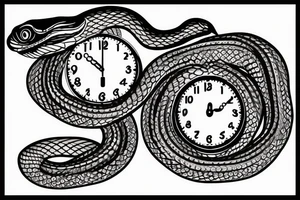 Snake flowing around clock face,  with mountains and lake in behind it tattoo idea