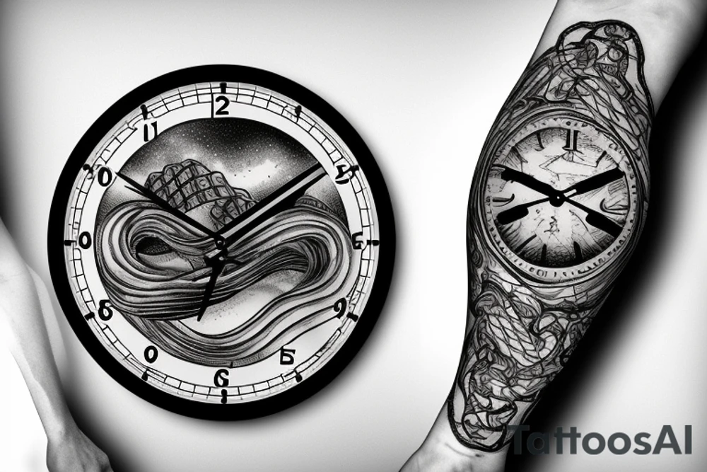 Snake wrapped around clock face,  with mountains and lake in behind it tattoo idea
