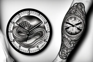 Snake wrapped around clock face,  with mountains and lake in behind it tattoo idea