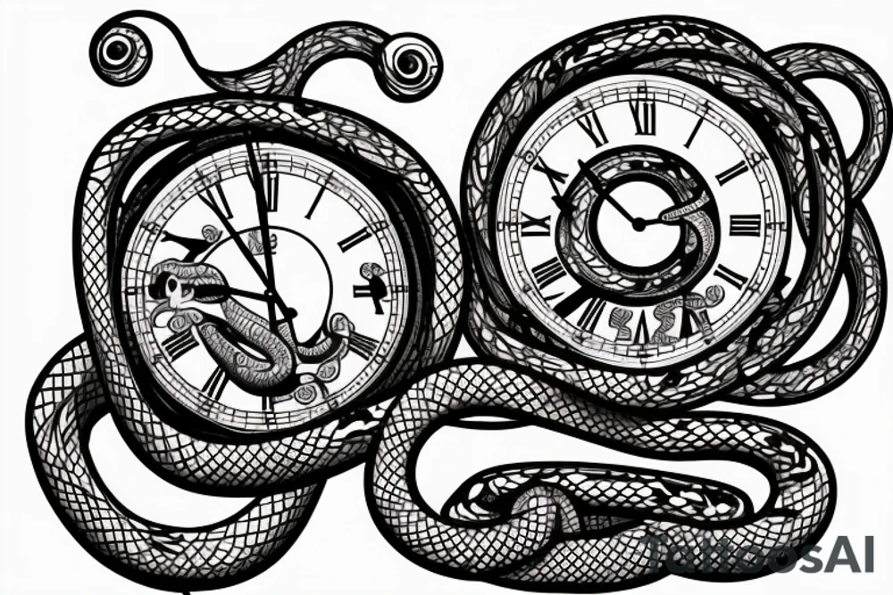 Snake wrapped around clock face,  with mountains and lake in behind it tattoo idea