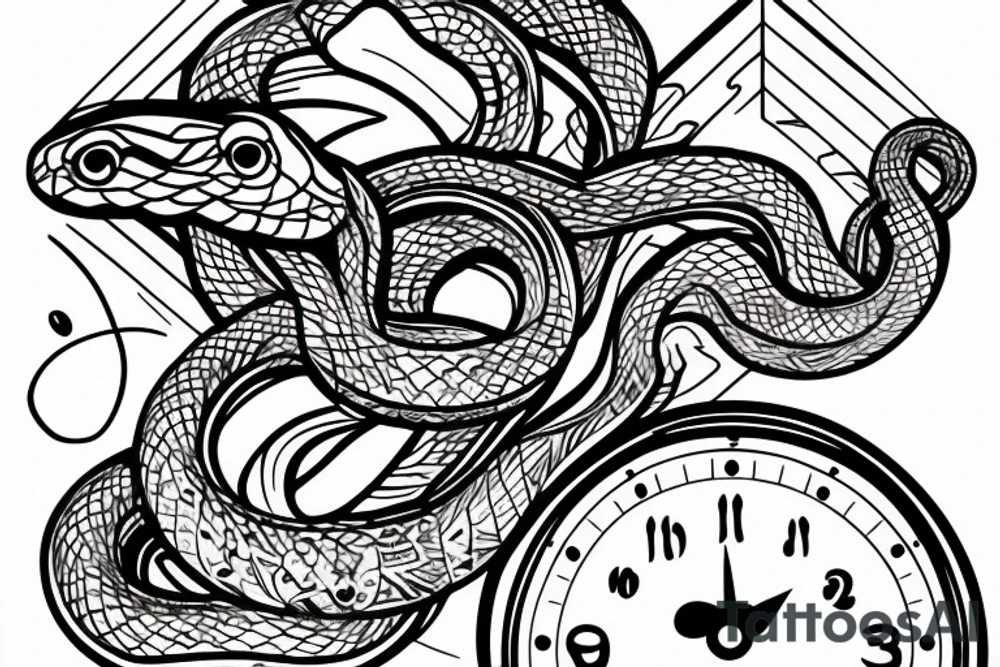 Snake wrapped around clock face,  with mountains and lake in behind it tattoo idea
