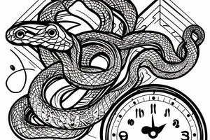 Snake wrapped around clock face,  with mountains and lake in behind it tattoo idea