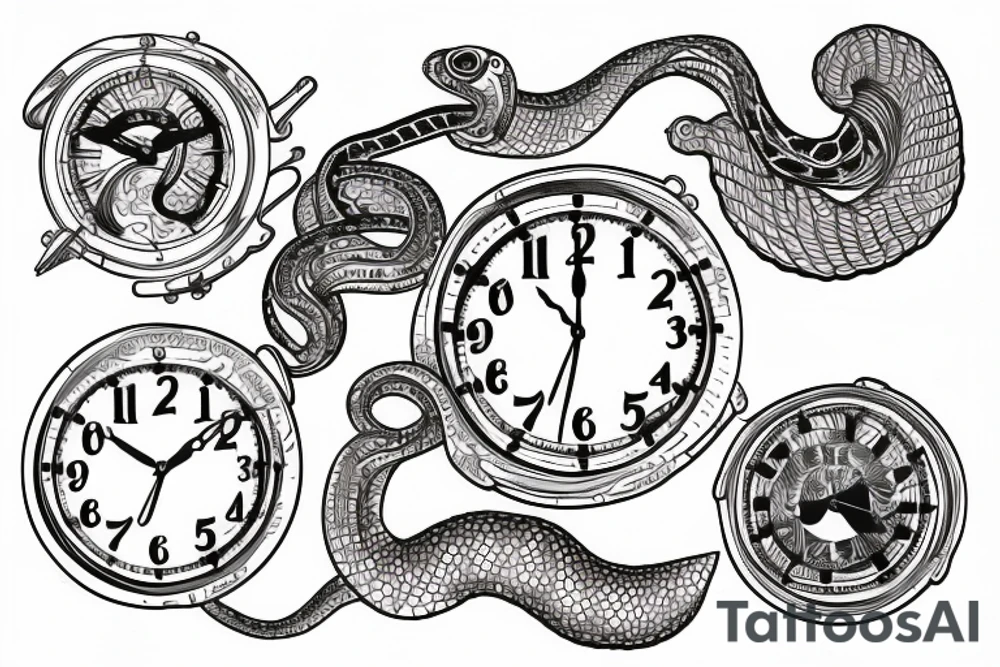 Snake wrapped around clock face,  with mountains and lake in behind it tattoo idea