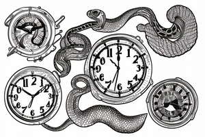 Snake wrapped around clock face,  with mountains and lake in behind it tattoo idea