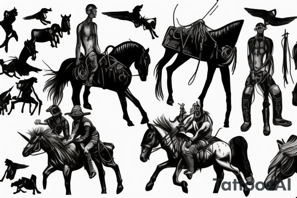 Apocalyptic Horsemen on Horse standing upon dead pierced through man in the sunset tattoo idea