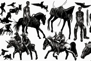 Apocalyptic Horsemen on Horse standing upon dead pierced through man in the sunset tattoo idea
