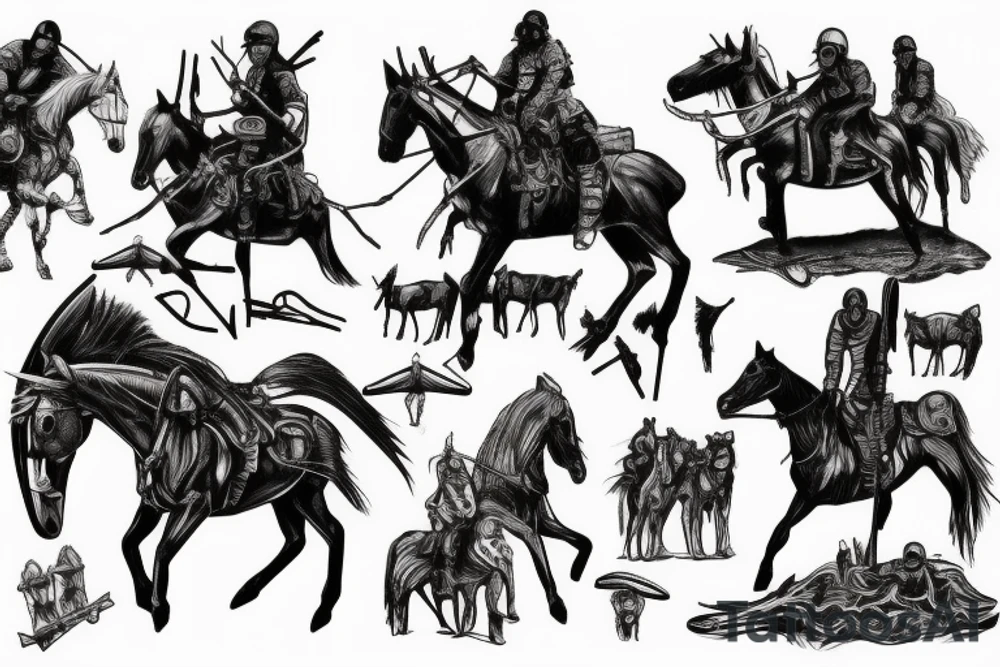 Apocalyptic Horsemen on Horse standing upon dead pierced through man in the sunset tattoo idea