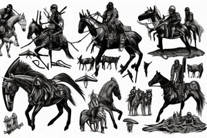 Apocalyptic Horsemen on Horse standing upon dead pierced through man in the sunset tattoo idea