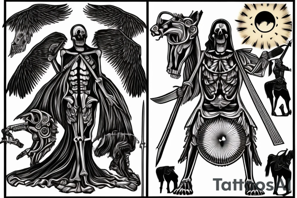 Symbolic Death with robe sitting on his skeletal horse, standing in front of a dead man who has been stabbed with a spear with the sun setting in the background tattoo idea