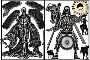Symbolic Death with robe sitting on his skeletal horse, standing in front of a dead man who has been stabbed with a spear with the sun setting in the background tattoo idea