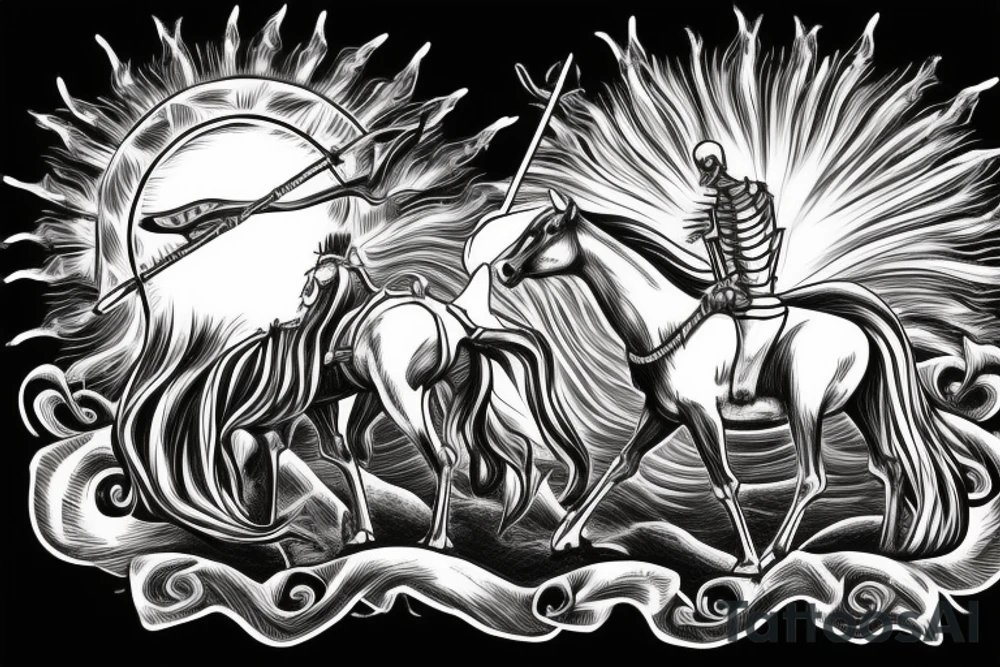 Symbolic Death with robe sitting on his skeletal horse, standing in front of a dead man who has been stabbed with a spear with the sun setting in the background tattoo idea