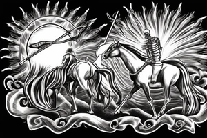 Symbolic Death with robe sitting on his skeletal horse, standing in front of a dead man who has been stabbed with a spear with the sun setting in the background tattoo idea
