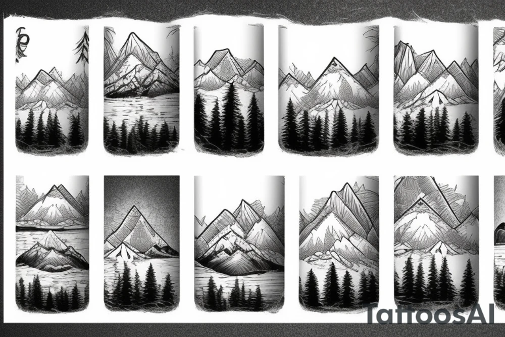 mountain range with trees and a river tattoo idea
