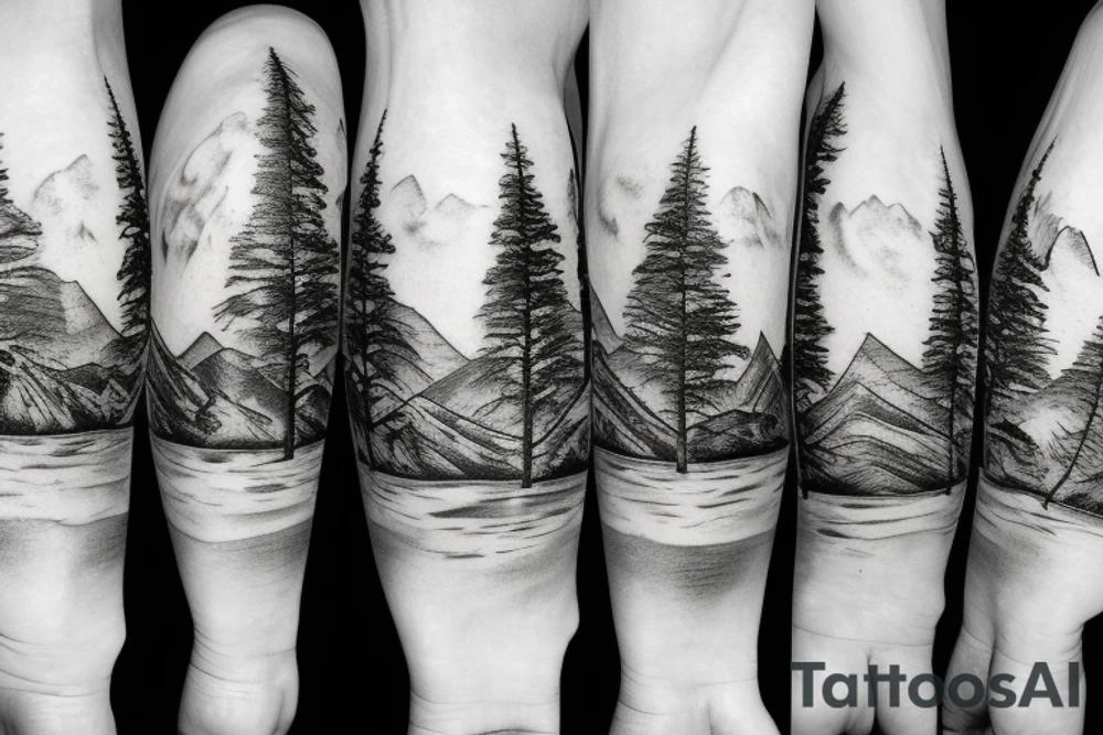 mountain range with trees and a river tattoo idea