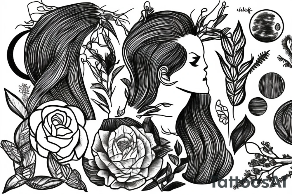 A woman surrounded by plants and moons tattoo idea