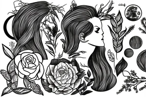 A woman surrounded by plants and moons tattoo idea