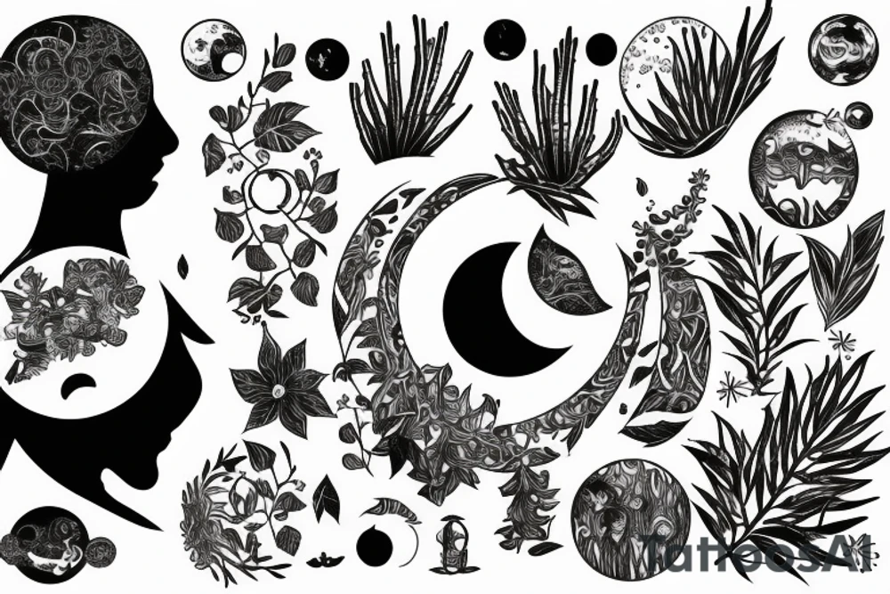 A woman surrounded by plants and moons tattoo idea