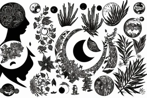 A woman surrounded by plants and moons tattoo idea