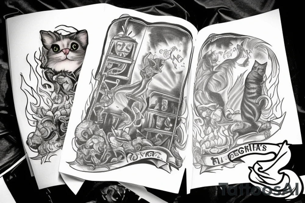 character from master and margarita book beghemot cat holding prymus and jumping over flames fire tattoo idea