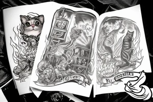 character from master and margarita book beghemot cat holding prymus and jumping over flames fire tattoo idea