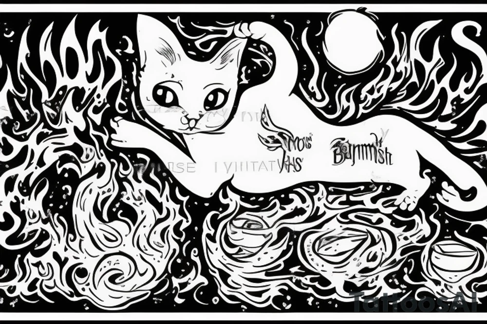 character from master and margarita book beghemot cat holding prymus and jumping over flames fire tattoo idea