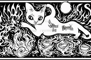 character from master and margarita book beghemot cat holding prymus and jumping over flames fire tattoo idea