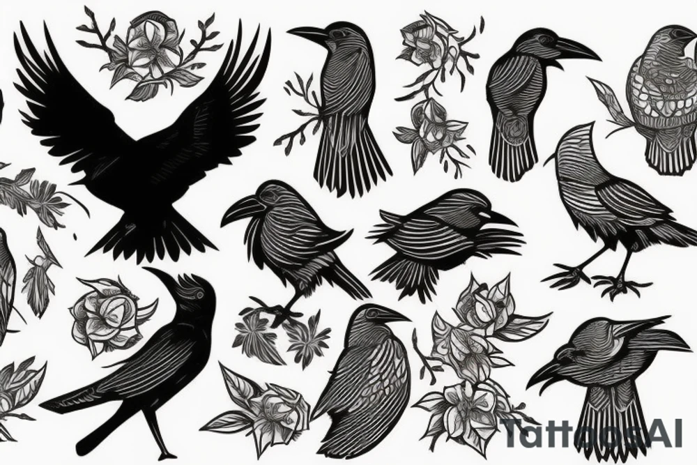 raven in woodcut or linocut style tattoo idea