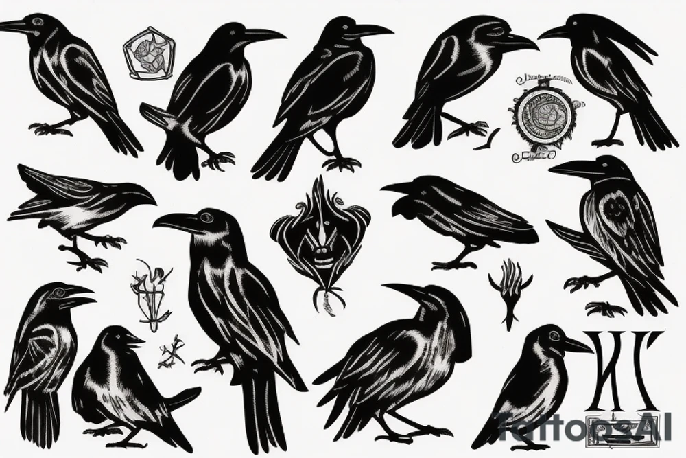 raven in woodcut or linocut style tattoo idea