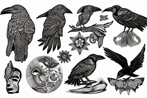 raven in woodcut or linocut style tattoo idea