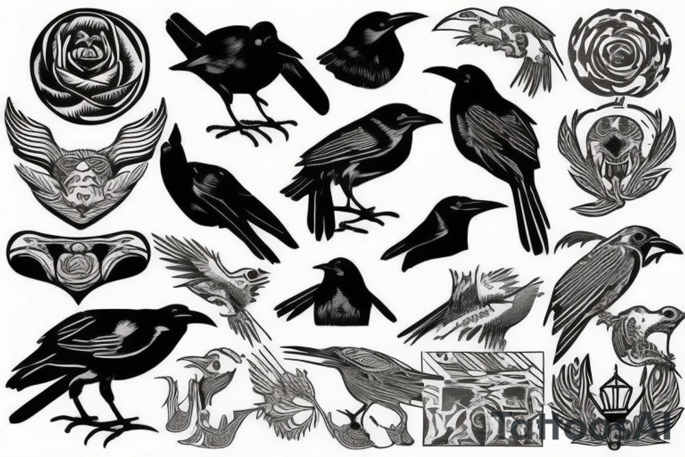 raven in woodcut or linocut style tattoo idea