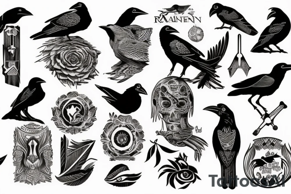 raven in woodcut or linocut style tattoo idea