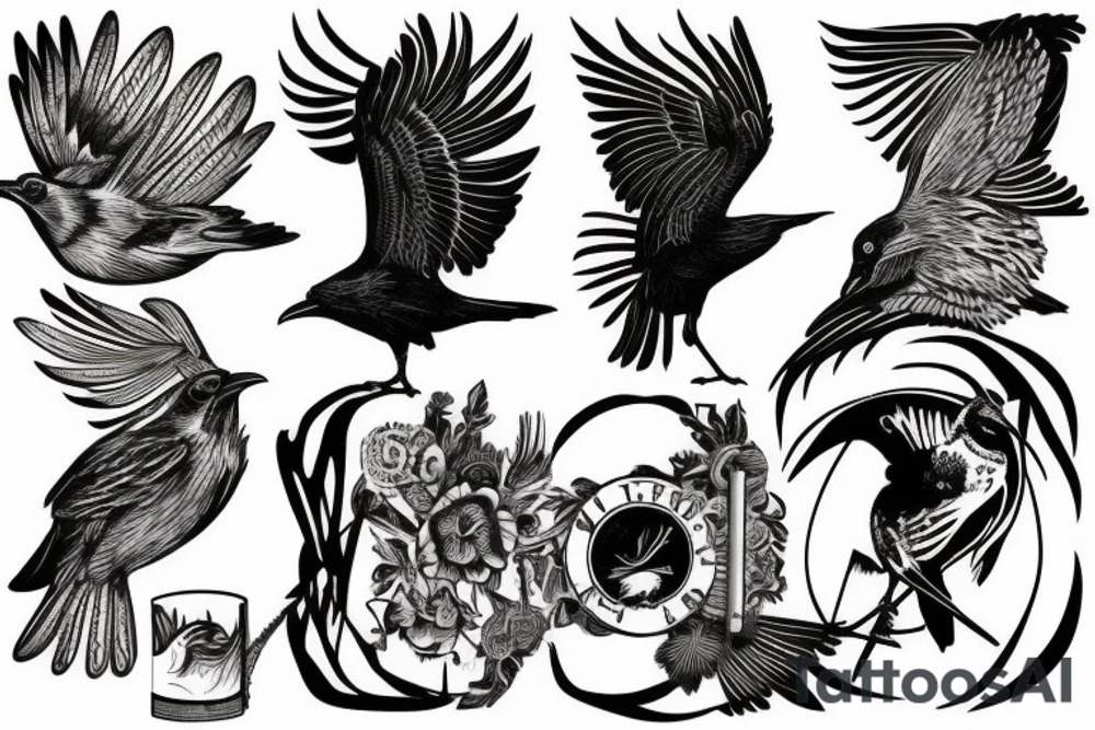 raven in woodcut or linocut style tattoo idea