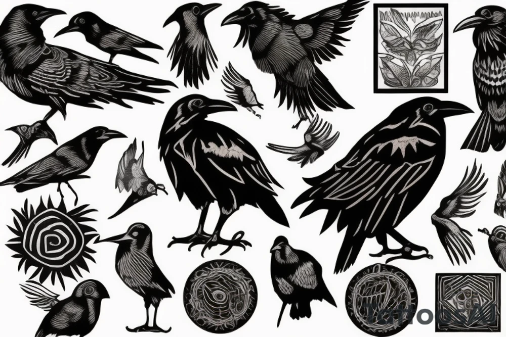 raven in woodcut or linocut style tattoo idea