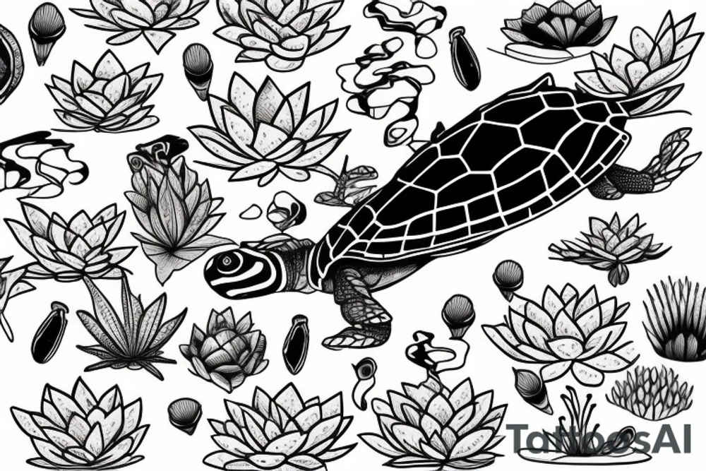 red eared slider swimming, back ground is a lotus flower tattoo idea