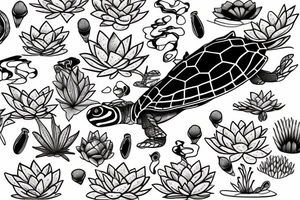 red eared slider swimming, back ground is a lotus flower tattoo idea