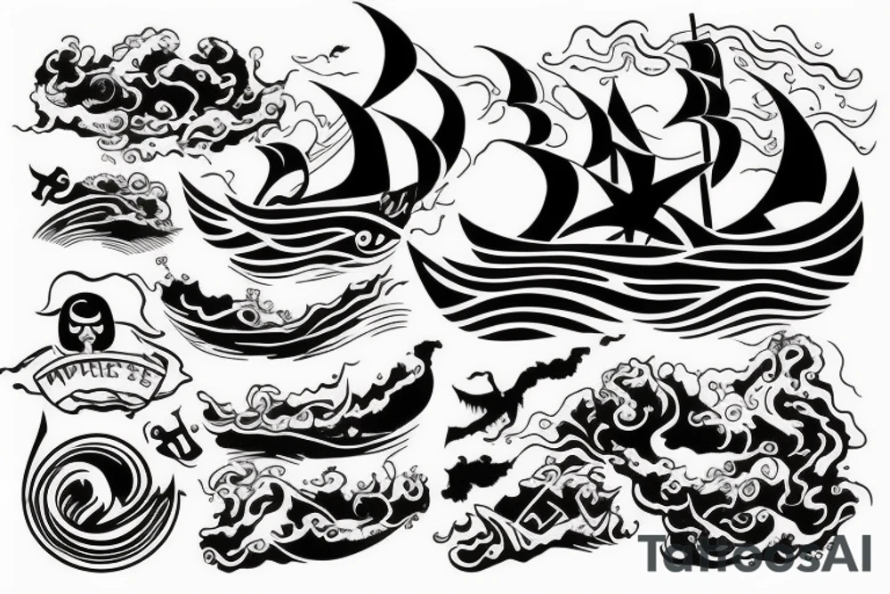Justice Scale and Pirate ship combined through waves. tattoo idea
