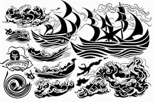 Justice Scale and Pirate ship combined through waves. tattoo idea