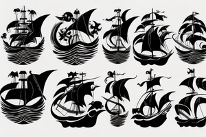 Justice Scale and Pirate ship combined through waves. tattoo idea