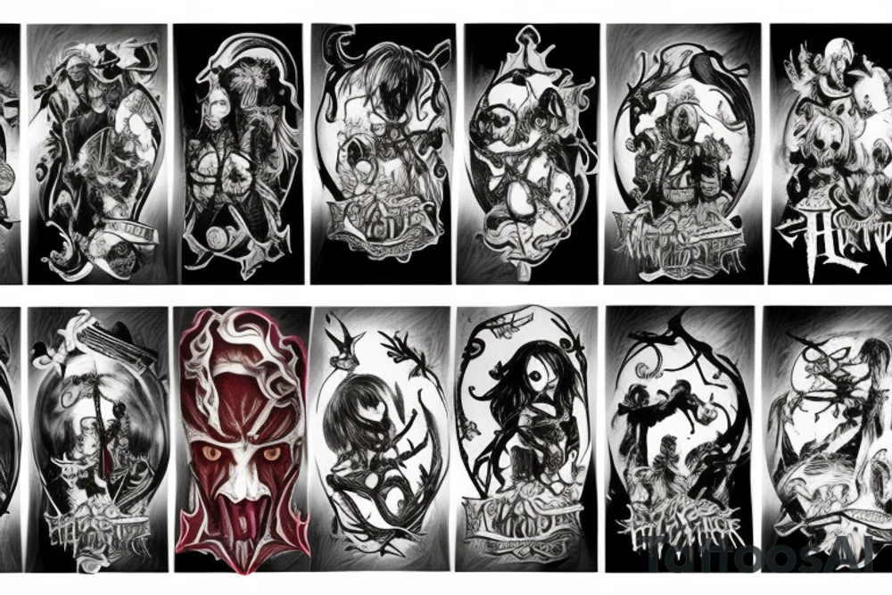 I would like a demon slayer, Harry Potter, attack on titan, Alice in wonderland, and the nightmare before Christmas themed sleeve tattoo tattoo idea